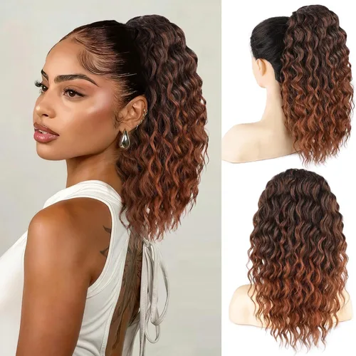 Miniatura 13 de AISI BEAUTY Extensión de cola de caballo rizada, 16 pulgadas, color marrón y negro, extensión de cola de caballo para mujeres negras, extensiones