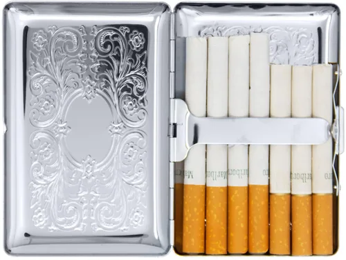 Miniatura 4 de Juego de 2 cajas de cigarrillos ultra compactas chapadas en metal tamaño King y caja de almacenamiento (estampado Victoria plateado)