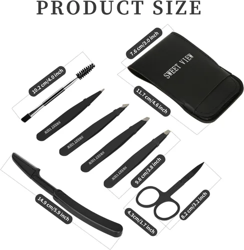 Miniatura 2 de SWEET VIEW Juego de 7 pinzas para cejas para mujeres, pinzas de precisión con tijeras para cejas y navaja y bobina para depilación facial, barbilla