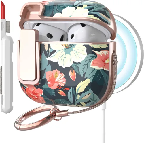 Miniatura 25 de TATOFY Funda protectora para AirPods 1 y 2, elegante funda protectora duradera con patrones de flores bonitas y llavero con clip