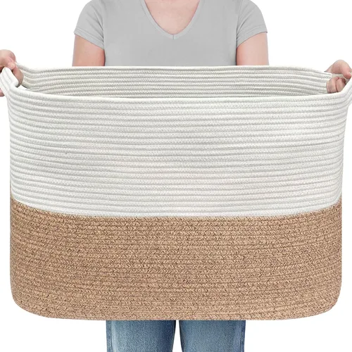 Miniatura 14 de MEGASKET Cesta de almacenamiento grande de color rosa, 22 x 17 x 12 pulgadas, contenedor rectangular de cuerda de algodón para organizar, Blanco
