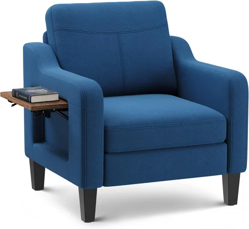Miniatura 13 de Silla de acento para sala de estar, sillón moderno tapizado en lino, silla de sofá lateral de tela con estructura de madera con mesa plegable, 2