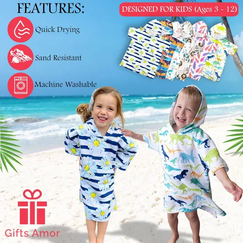 Miniatura 3 de Toalla con capucha, poncho de playa para baño, piscina, para niños, secado rápido/resistente a la arena, pequeña (3-10 años), dinosaurios