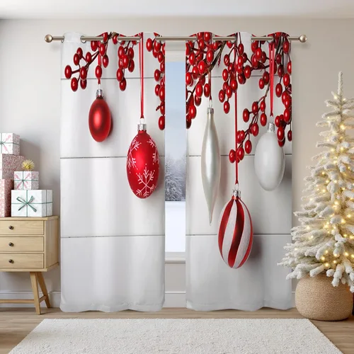 Miniatura 10 de Renaiss Cortinas opacas de Navidad con tablones de madera rústica para dormitorio, con ojales, estampado de copos de nieve navideños, cortinas