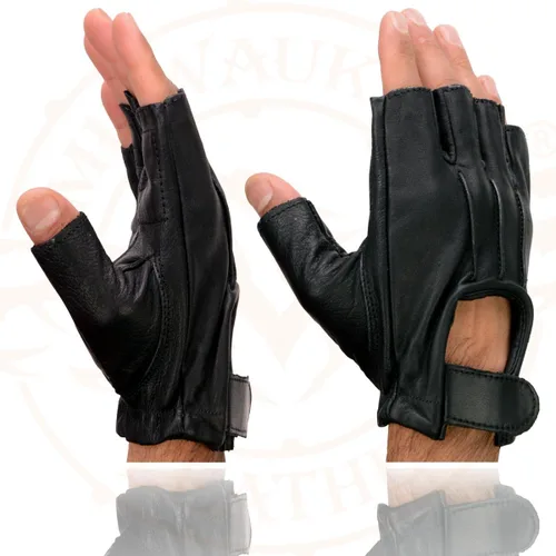 Miniatura 3 de Milwaukee Leather SH206 - Guantes de mano para motocicleta sin dedos acolchados de gel de cuero negro con diseño "Welted