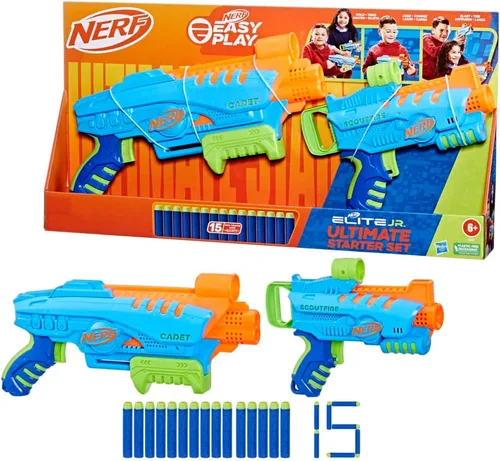Miniatura 3 de Nerf Elite Jr Ultimate Starter Set, 2 lanzadores de espuma de juguete fáciles de jugar, 15 dardos Nerf Elite, 2 objetivos, juegos al aire libre