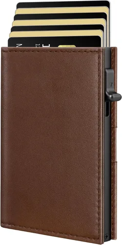Miniatura 13 de Cartera para hombre – Cuero minimalista de triple pliegue, funda inteligente para tarjetas emergentes con bloqueo RFID, soporte delgado de metal