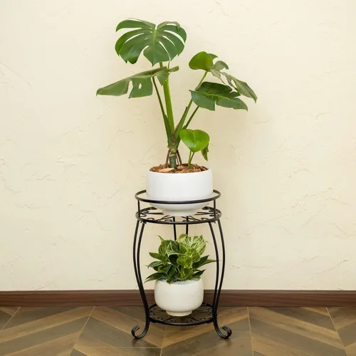 Miniatura 2 de FaithLand Soporte para Plantas, Soporte de Maceta de Metal Resistente para Interiores y Exteriores, Estante de Soporte Redondo de 2 Niveles, Estante