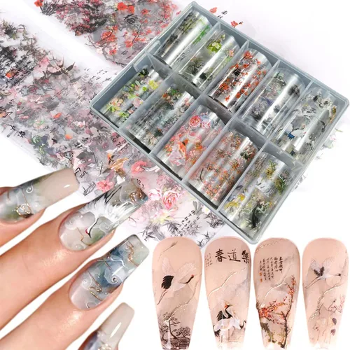 Miniatura 10 de Kit de 10 rollos de calcomanías de transferencia de papel de aluminio para uñas, diseño de pintura de tinta de bambú, láminas de papel de aluminio