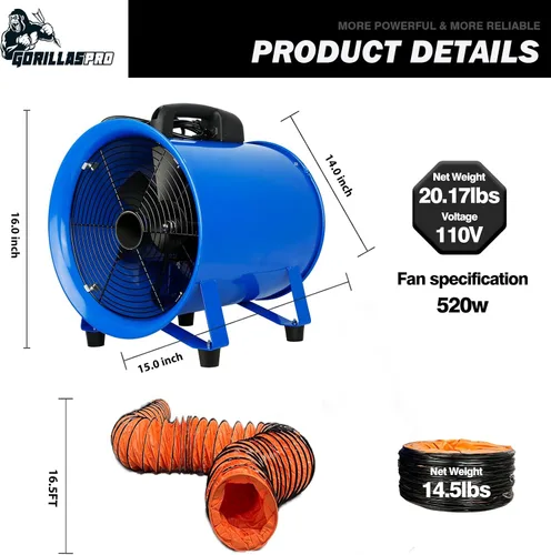 Miniatura 2 de GORILLASPRO Ventilador portátil de utilidad de 520 W/12 pulgadas con conducto telescópico de PVC de 16.5 pies, ventilador de cilindro de alta