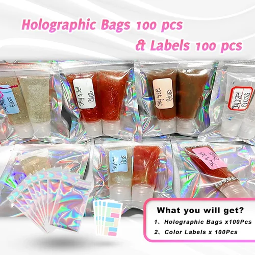 Miniatura 2 de Paquete de 100 bolsas de Mylar con ventana transparente, holográficas, a prueba de olores, para pequeñas empresas, bolsas resellables
