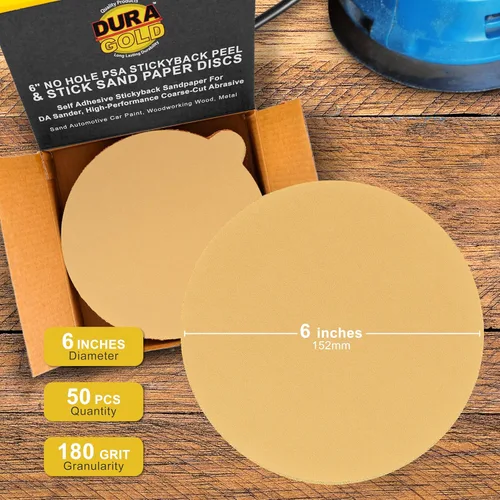 Miniatura 2 de Dura-Gold Discos de lija PSA dorados de 6 pulgadas de alta calidad, grano 180, caja de 50 unidades, papel de lija autoadhesivo para lijadora DA