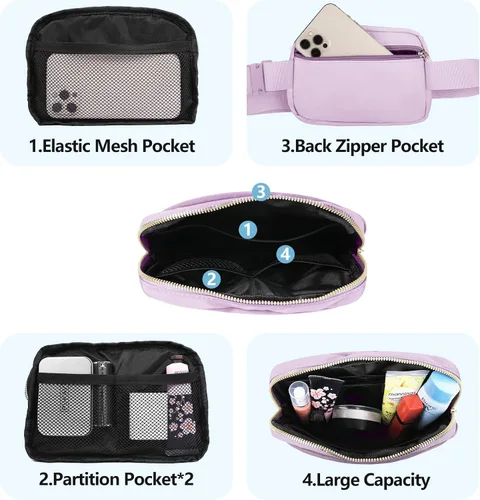 Miniatura 3 de VOROLO Riñonera para mujeres y hombres, bolsa cruzada, bolsa de cinturón con correa ajustable, Púrpura claro, Talla única
