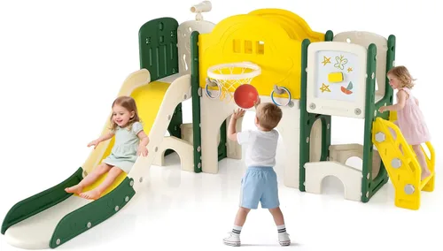 Miniatura 10 de Costzon Juego de tobogán 10 en 1 para niños pequeños, juego de tobogán y escalador con pizarra magnética, juego de anillos, aro de baloncesto, túnel