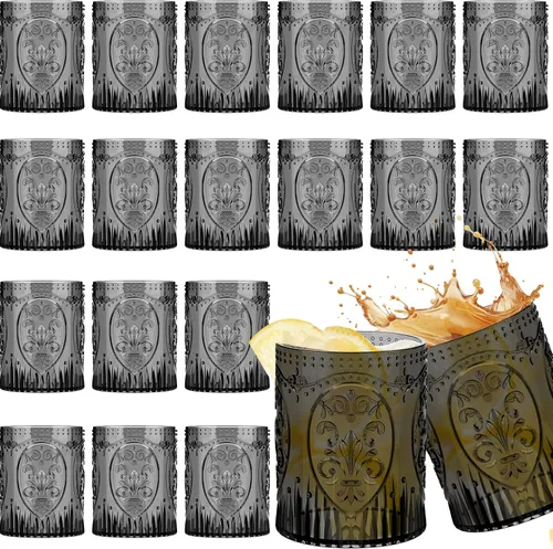 Qinyoung 24 Vasos de Plástico Vintage para Beber de 8.5oz Copas de Vino Retro en Relieve Sin Pie Irrompibles Reutilizables para Baby Shower Negro