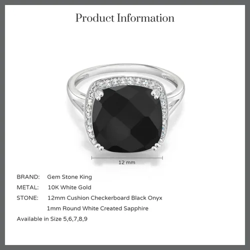 Miniatura 4 de Gem Stone King Anillo de mujer de oro blanco de 10 quilates con ónix negro y zafiro blanco creado