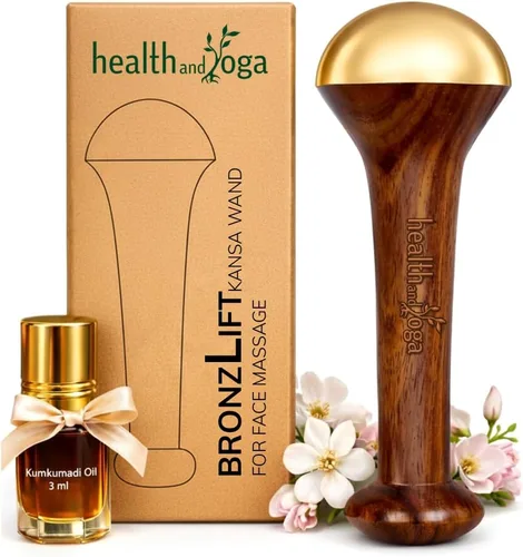 SoulGenie HealthAndYoga™ BronzLift Kansa Masajeador facial y vial de prueba de aceite facial Kumkumadi - Kansa Wand Ayurveda Beneficios del bronce -
