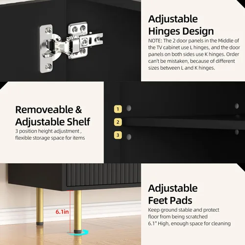 Miniatura 7 de Soporte de TV para TV de 80 pulgadas, soporte de TV acanalado para sala de estar, soporte de TV moderno de mediados de siglo con estante ajustable