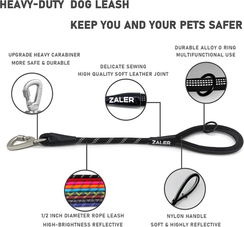 Miniatura 6 de ZALER Correa Corta para Perro, Correas de Tráfico de Cuerda de 26 Pulgadas para Perros, Correa Reflectante para Perro con Anillo en O, Correa Negro