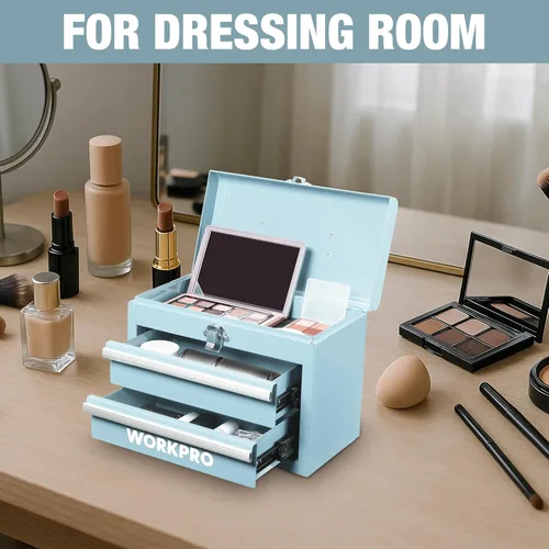 Miniatura 7 de WORKPRO Caja de herramientas portátil mini, caja de herramientas metálica con 2 cajones y guías con rodamientos de bolas, almacenamiento superior