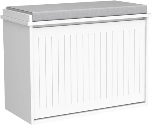 Miniatura 4 de Haotian Banco de zapatos pequeño, banco de almacenamiento con cojín de asiento extraíble, otomana para entrada y dormitorio, 2 cajones abatibles