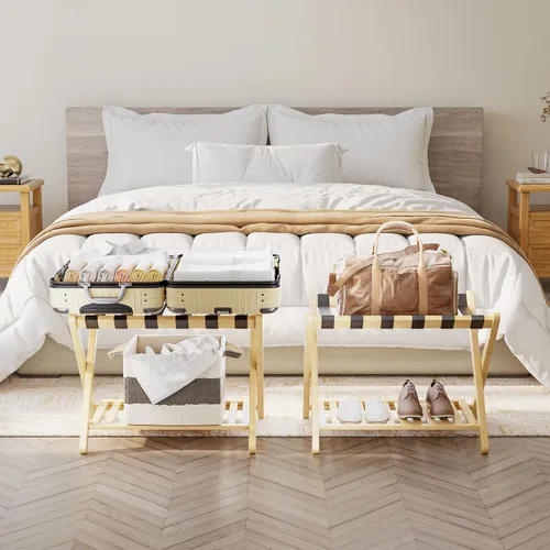 Miniatura 3 de SMIBUY Portaequipajes, soporte plegable de bambú para maleta con estante de almacenamiento para habitación de invitados, dormitorio, hotel, Natural