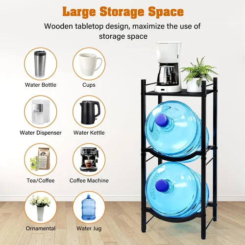 Miniatura 6 de TC-HOMENY Soporte para jarra de agua de 5 galones, estante de 3 niveles para dispensador, soporte organizador para hogar y oficina (negro)