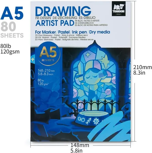 Miniatura 5 de TRANSON Cuaderno de bocetos de medios mixtos para artistas con marcador, 5.8”x8.3” 80 hojas A5 de papel de arte, 80lb/120gsm para pintar, dibujar