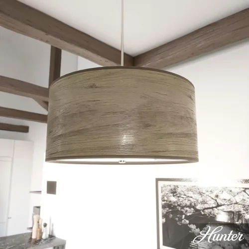 Miniatura 3 de Hunter - Solhaven - Lámpara colgante grande de 4 luces de roble gris cálido, regulable, estilo moderno, con forma de tambor, para dormitorios