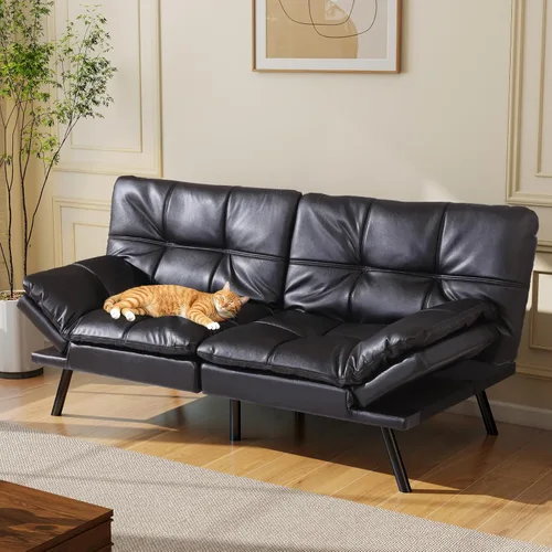Opoiar Sofá cama tipo futón de cuero negro convertible con espuma viscoelástica, juego de futón plegable y moderno para estudio, Drom, apartamento,
