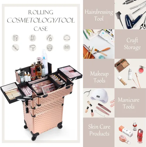 Miniatura 4 de estuche profesional 3 en 1 rodante para maquillaje, estuche de aluminio con ruedas de rotación 360° para artista de maquillaje, maletín cosmético