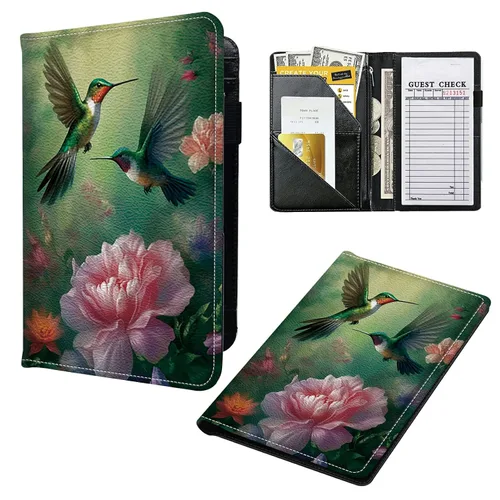 Miniatura 12 de Libros para camarera, cartera de cuero con bolsillo con cremallera, 7 bolsillos de almacenamiento para recetas y cheques, soporte para bolígrafos