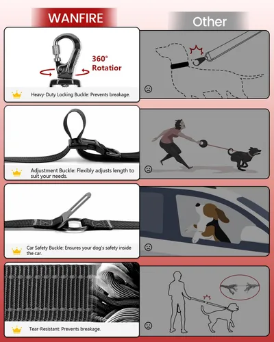 Miniatura 4 de Correa de perro manos libres, correa cruzada para perro, cinturón de cintura de 5.3 a 7.8 pies con cinturón de seguridad para automóvil
