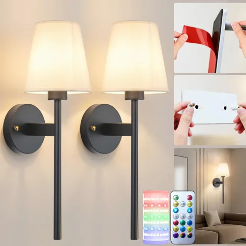 Miniatura 10 de Juego de 2 apliques de pared a pilas, luz de pared inalámbrica con bombilla magnética recargable RGB de 10000 mAh, aplique de pared recargable