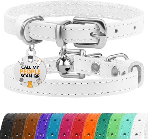 Miniatura 13 de BRONZEDOG Collar de cuero para gato con campanas extraíbles sin liberación rápida, etiqueta QR para gatito para niña y niño