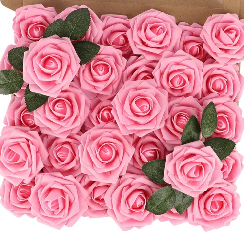Miniatura 40 de MACTING 30 Rosas Artificiales Blancas Flores Falsas con Tallo Rosas de Espuma de Tacto Real para DIY Arreglos de Ramo de Boda Centros de Mesa White-1