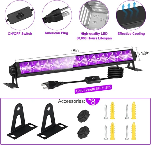 Miniatura 3 de Paquete de 8 Barras de Luz Negra LED de 40W, Luces Negras Iluminan 4000 pies² con Interruptor+Enchufe+Cable de 6 pies, para Suministros de Fiesta