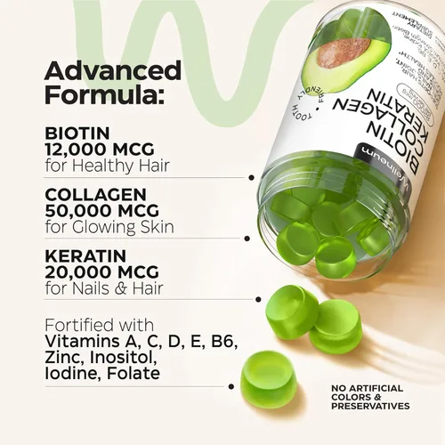 Miniatura 3 de Biotina para el crecimiento del cabello mujeres/hombres, 12000 mcg, gomitas de apoyo para la piel y las uñas + 70000 mcg de péptidos de colágeno