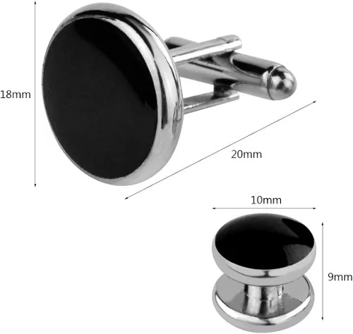 Miniatura 3 de Juego de tachuelas y gemelos de esmoquin de color negro y plateado juego de gemelos y aretes para hombre con eslabones de acero inoxidable botones