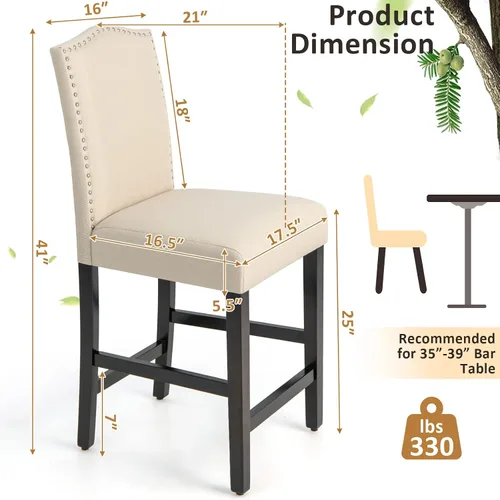 Miniatura 3 de COSTWAY Juego de 2 taburetes de bar, sillas tapizadas de lino con patas de madera de goma maciza, sillas de bar de madera para isla de cocina de 25