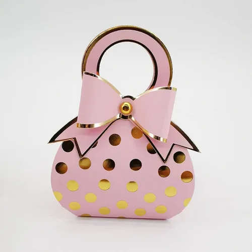 Miniatura 7 de 50 bolsas de mano con lazo rojo y dorado con lunares de papel de aluminio dorado, cajas de dulces con lazo con asa para boda, cumpleaños, despedida