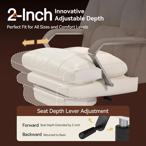 Miniatura 5 de OKUP M76 - Silla de oficina ejecutiva reclinable de 160° con reposapiés, silla de oficina de cuero con profundidad de asiento ajustable, cojín Crema