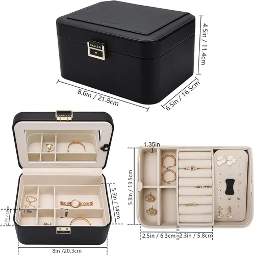 Miniatura 6 de KAMIER Organizador de joyas, caja de joyería de piel sintética de 2 capas, gran capacidad, doble cerradura y espejo grande, ganchos ocultos
