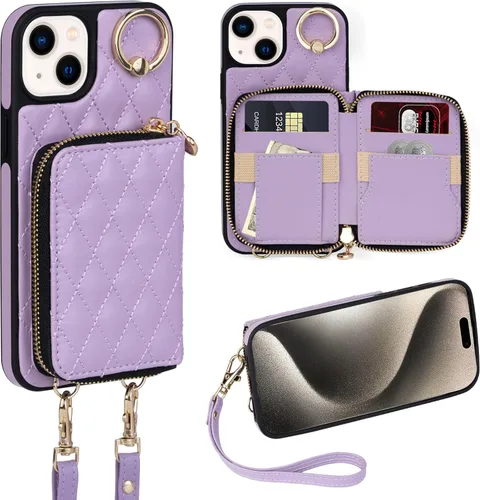 Miniatura 71 de Funda tipo cartera para iPhone 15 de 6.1 pulgadas, bolso cruzado con cremallera y correa para la muñeca con cordón para mujer, tarjetero con bloqueo
