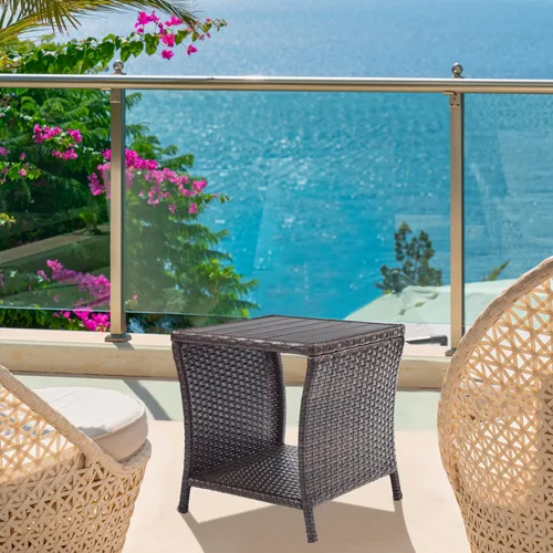 Miniatura 9 de Outdoor Patio Side Table Small Black Wicker Rattan End Table for Outside Storage Coffee Table with Poly Lumber Table Top for Garden Lawn Pool Porch