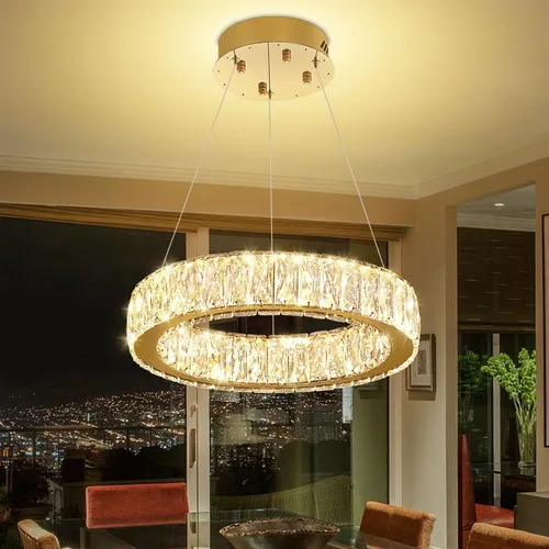 Miniatura 19 de Araña de Cristal LED Moderna Regulable de 8" Anillo Dorado Luminarias Colgantes para Isla de Cocina Comedor Sala de Estar