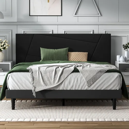 Miniatura 10 de IOILORI - Base de cama tamaño Full con cabecera tapizada en terciopelo de diseño geométrico, estructura robusta y listones de madera, silenciosa,