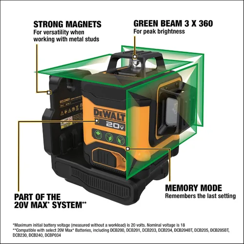Miniatura 3 de DEWALT Nivel láser máximo de 20 V, láser de línea cruzada, 3X360, verde, solo herramienta (DCLE34031B)