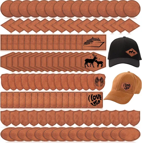 Miniatura 11 de Giegxin 120 Piezas Parches de Cuero Sintético Rústico para Sombreros con 8 Tipos de Formas de Grabado Láser en Blanco, Parche Adhesivo para Tela