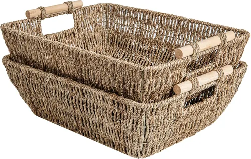 Miniatura 17 de StorageWorks Cestas de almacenamiento grandes tejidas a mano con asas de madera, cestas de mimbre de hierba marina para organizar, paquete de 2